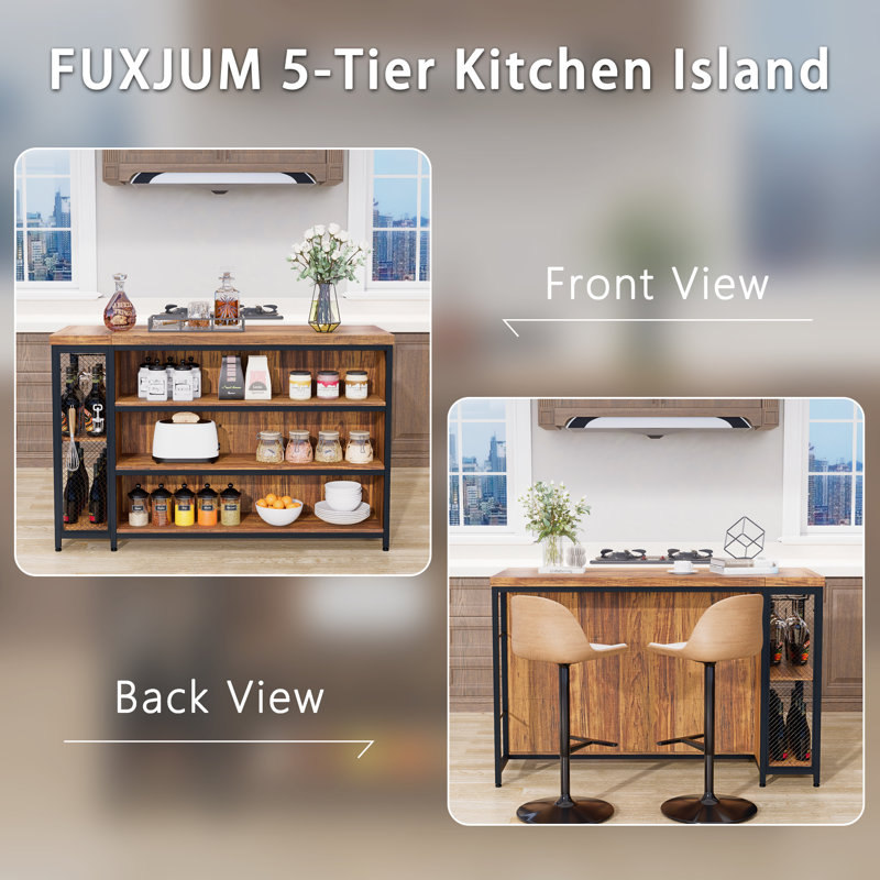 55” Kitchen Island With Seating And Storage 5-tier Open Shelves, Coffee Bar Cabinet With Extra-large Countertop, Spacious Leg Room & 2 Stemware Racks, Rustic Brown