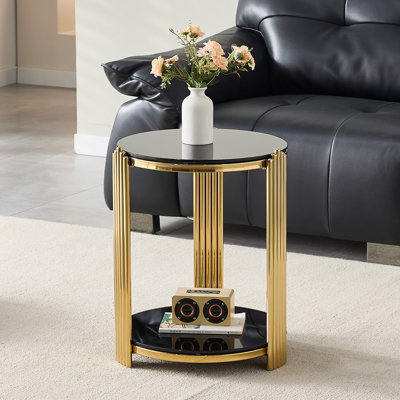 Table de bout moderne, table de chevet, verre trempé double couche et table de salon en acier inoxydable, table ronde, assemblage facile.