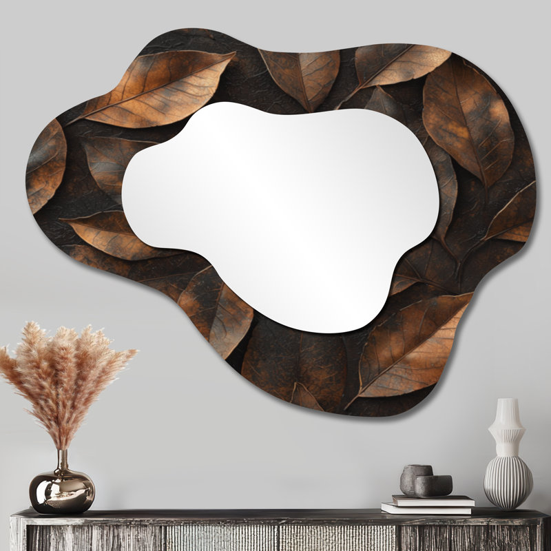 Miroir décoratif asymétrique brun, sable et feuilles I - Leaves, 27 po x 35 po