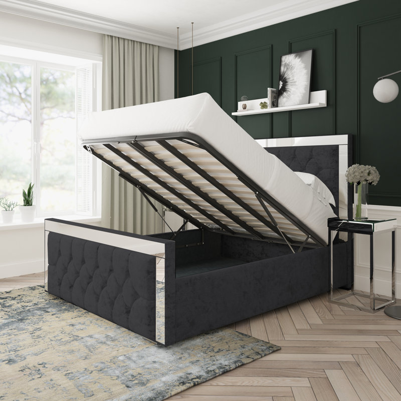 Sage Crushed Velvet Upholstered Ottoman Bed Frame, Black, Kingsize (5')