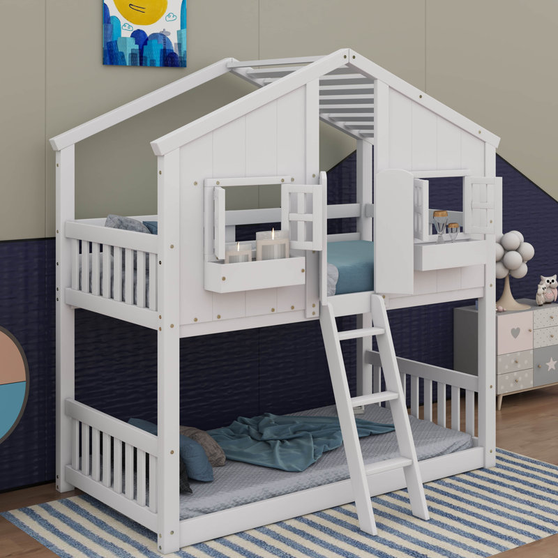 Twin-On-Twin House-Style Bunk Bed Fully Equipped With Roof, Window, Door, Safety Guardrails, And Ladder, White