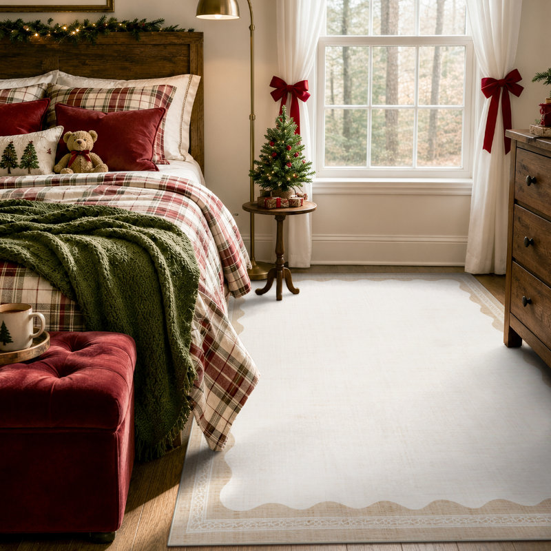 Tapis beige lavable à bordure ondulée rétro pour salon, chambre à coucher ou bureau, Beige, Rectangle 5 pi x 7 pi