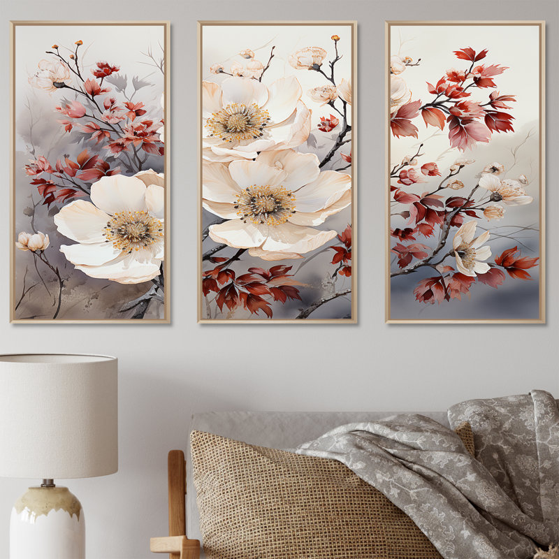 Fleurs saisonnières «Charm in Winter» - ensemble d'art mural sur toile, H 28 po x l 36 po x P 1 po, Cadre naturel flottant