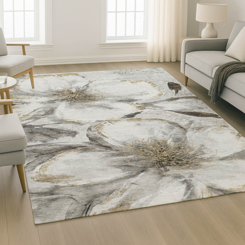 Premium Machine Washable Mayfield AMF2055 Floral Rug, Silver, 5' x 7'6"