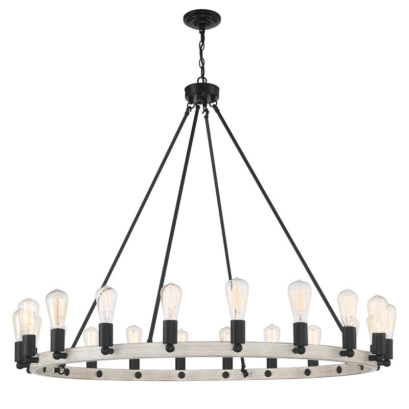 Farrington 20 - Light Wagon Wheel Candle Style Chandelier, Wood/Brass