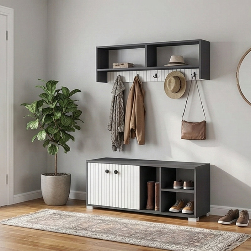 Arbre d'entrée de 47,2 po de largeur avec armoire et 10 crochets, Gris anthracite / blanc