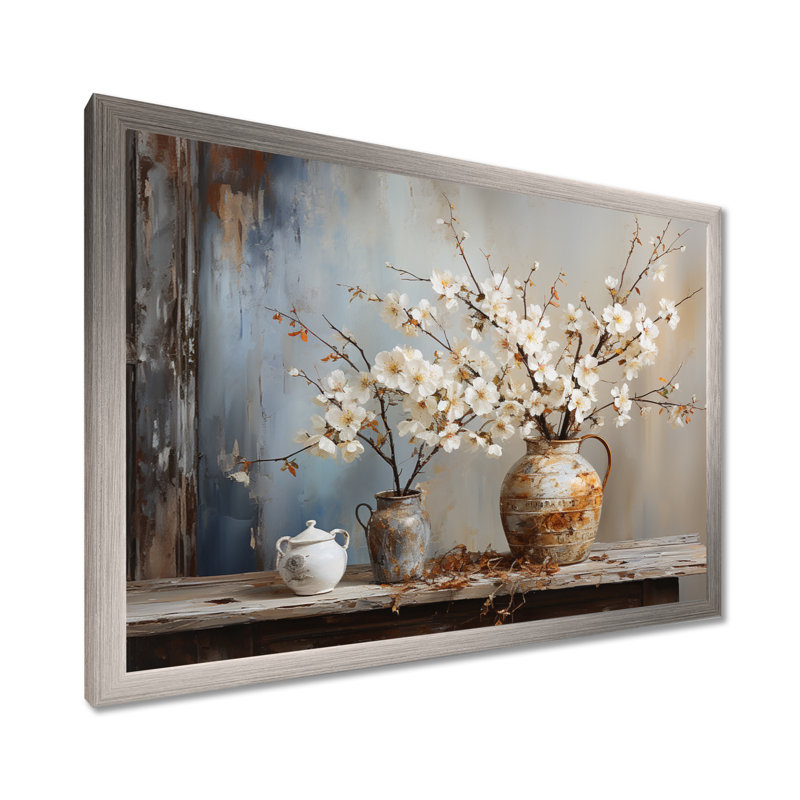 Art mural, poterie et fleurs, H 16 po x l 32 po x P 1 po, Cadre simple argenté