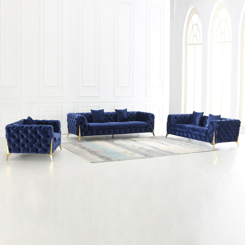 Ensemble de salon en velours 3 pièces, Bleu