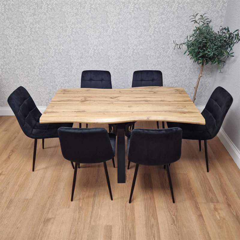 Wooden Brown Dining Table with 6 Velvet Chairs Dining Room Furniture, Black