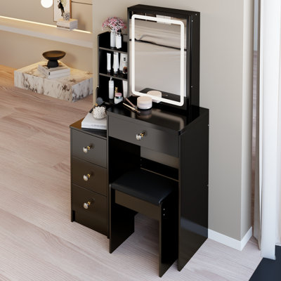 Petite coiffeuse 29,2 po avec tabouret de chevet gauche + grand tabouret rembourré, commande tactile, interrupteur tricolore, miroir à luminosité réglable, rangement à grande capacité, meuble-lavabo de maquillage