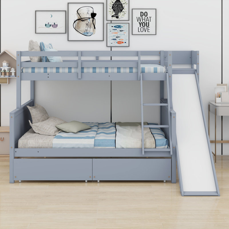 Lit superposé avec tiroirs, glissade, tablettes, échelle, Gris