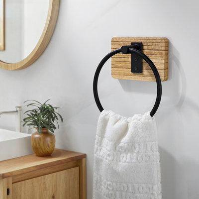 Anneau à serviettes pivotant en bois et en acier inoxydable, porte-serviette rustique pour salle de bain mural, support à serviettes pivotant à 180 °