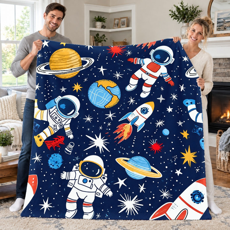 1pc Space Astronaut Rocket Planet Flannel Throw Blanket, Cute Cartoon Outer Space Galaxy Stars Nebula Comets Spaceship Blanket for Kids Boys Girls Sofa Couch Bed Living Room Dorm, All Season Warm Cozy Lightweight Gift