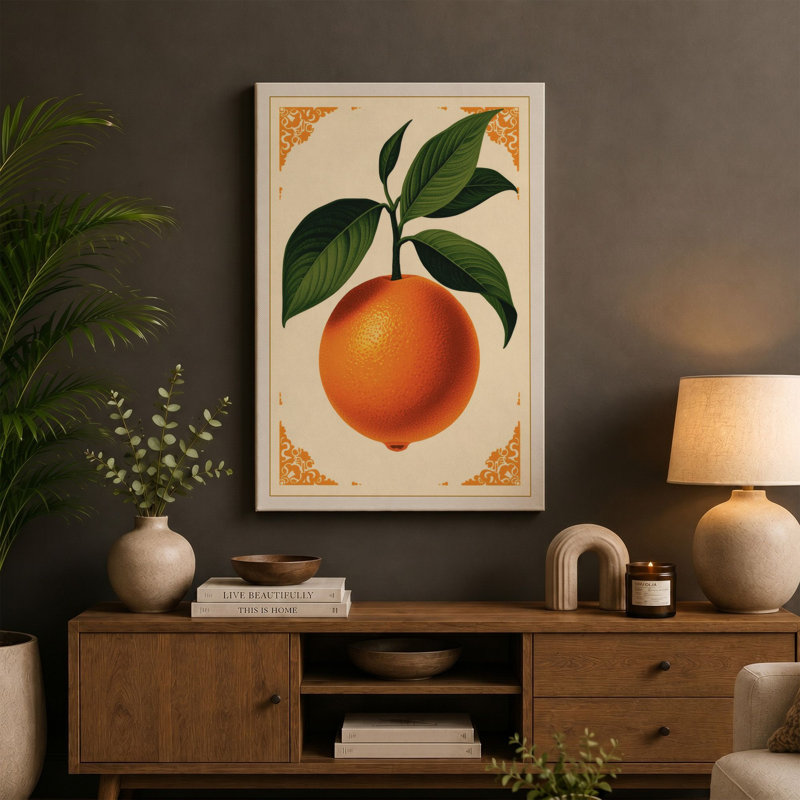 Orange Study Botanical 1 Piece Wrapped Canvas Wall Art, 36x24 - 91.4 x 61.0 cm, Ochre Border