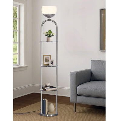 Lampe torchère sur pied à 4 niveaux 72 "avec 3 tablettes en verre - nickel brossé avec abat-jour en verre blanc Metro