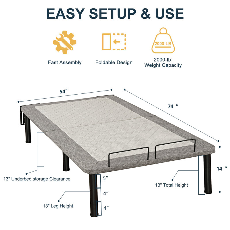 Structure de lit plateforme en acier pliable de 14 po Haslet - Double, filet rembourré gris, pieds réglables, installation sans outil