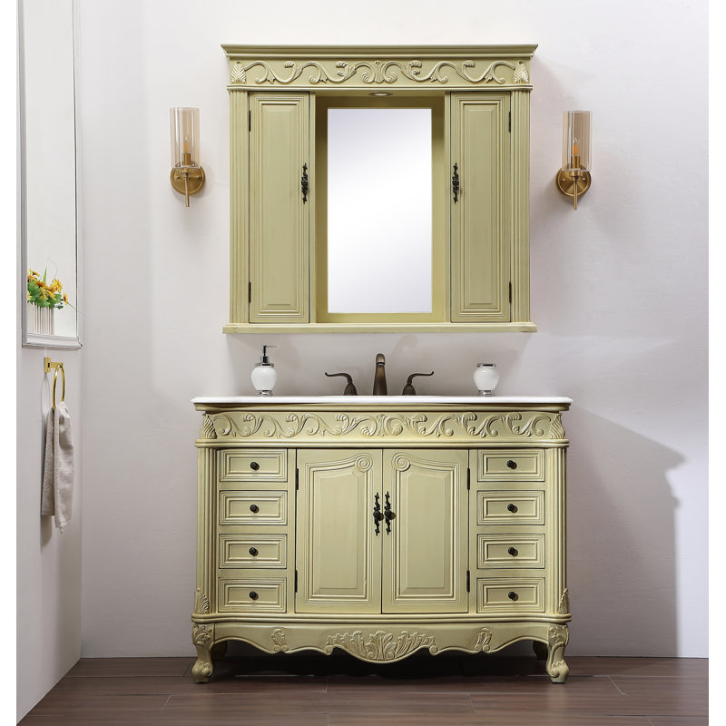 48'' Single Bathroom Vanity with Top, White Marble, Antique Ivory