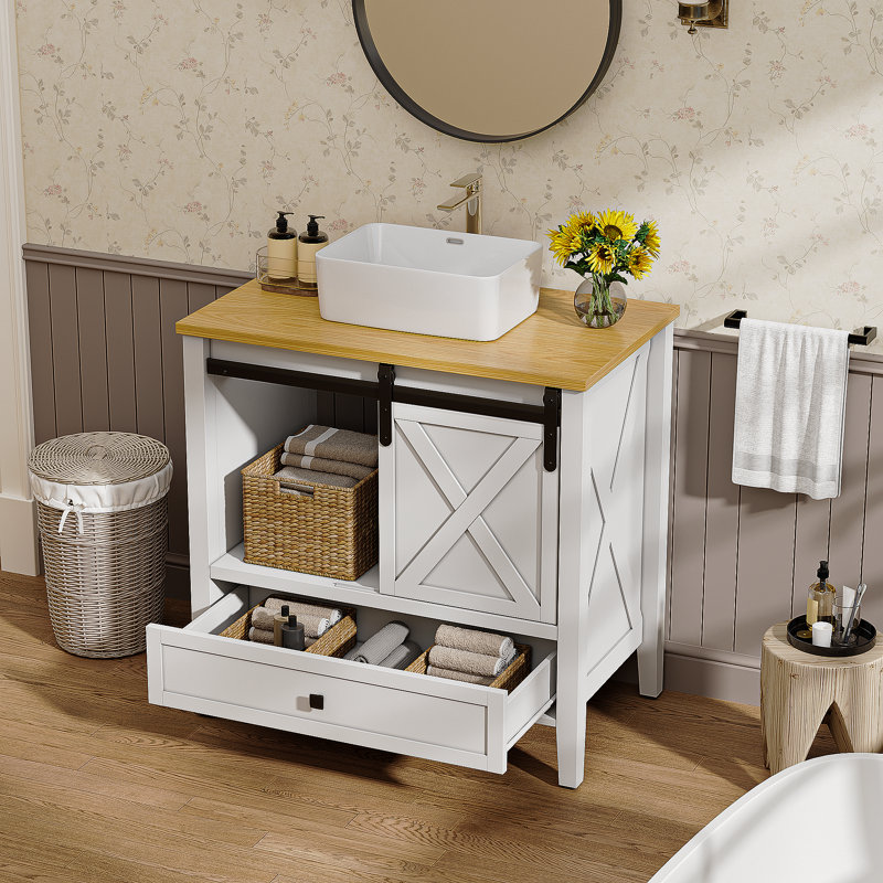 36" Farmhouse Bathroom Vanity Cabinet With Ceramic Sink Basin, Sliding-Door Cabinet & Drawers