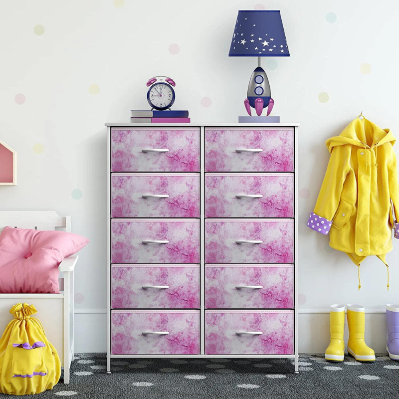 Sorbus 10 Drawers Dresser with Steel Frame and Fabric Bins, Pink
