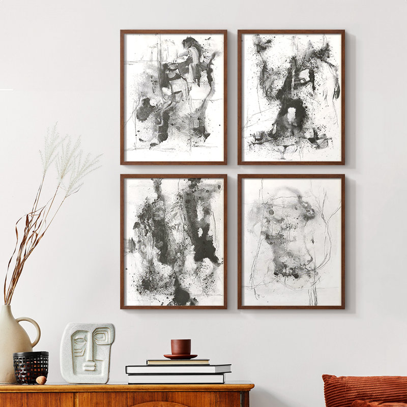 Graphite abstrait I, reproduction encadrée - ensemble de 4, Naturel, H 20 po x l 16 po