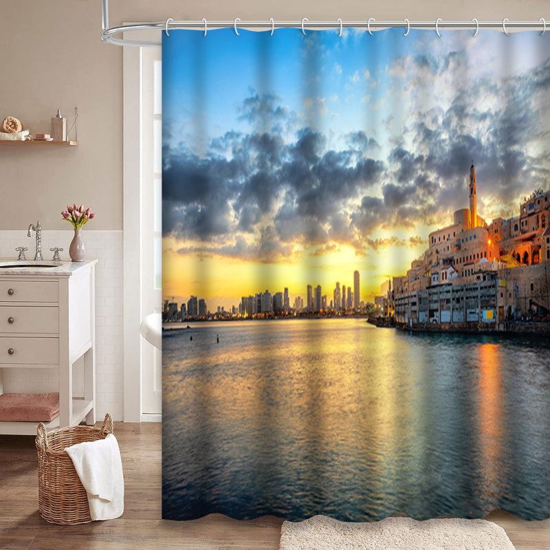 Old Town Modern Skyline Mediterranean Sunrise Shower Curtain with 12 Hooks, 84" L x 72" W