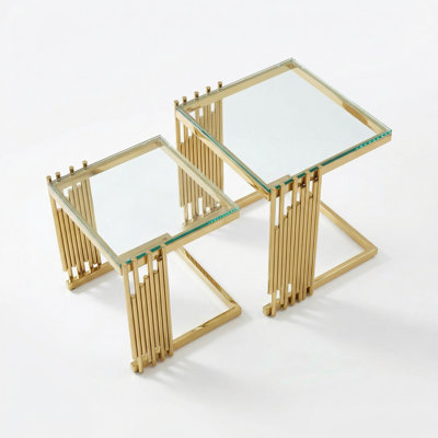 2 Piece Nesting End Tables, Modern Side Table Set with Tempered Glass Top & Gold Metal Frame, Stackable Accent Tables for Living Room
