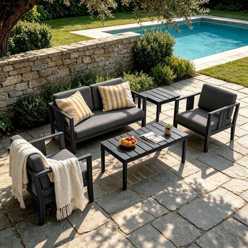 Ensemble de patio d'extérieur pour quatre personnes en teck avec coussins et deux tables Junco, Gris foncé, Noir