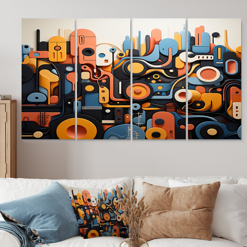 Ensemble de 4 décorations murales abstraites bleues et bleues Fusion I - Abstract Modern Shapes, H 28 po x l 48 po
