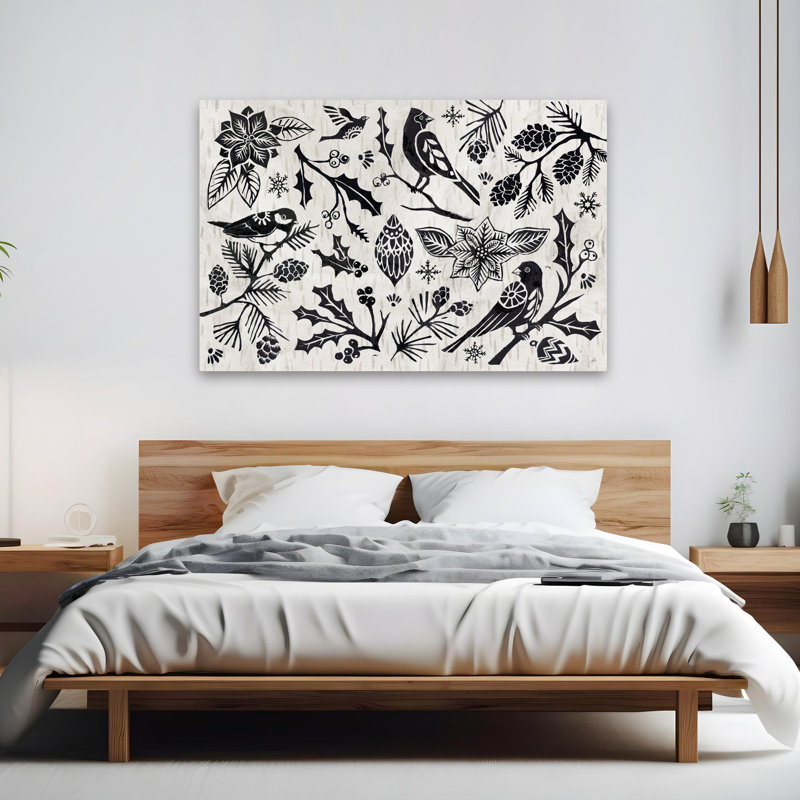 Gravure sur bois, Noël II - animaux, bouleaux, art noir, H 40 po x l 60 po