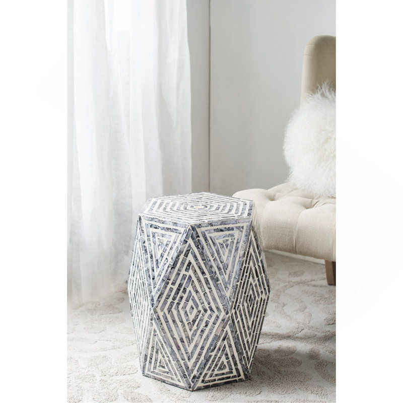 16 x 14 x 18 po, tabourets de jardin hexagonaux, table d'appoint unique Capiz, noir / blanc