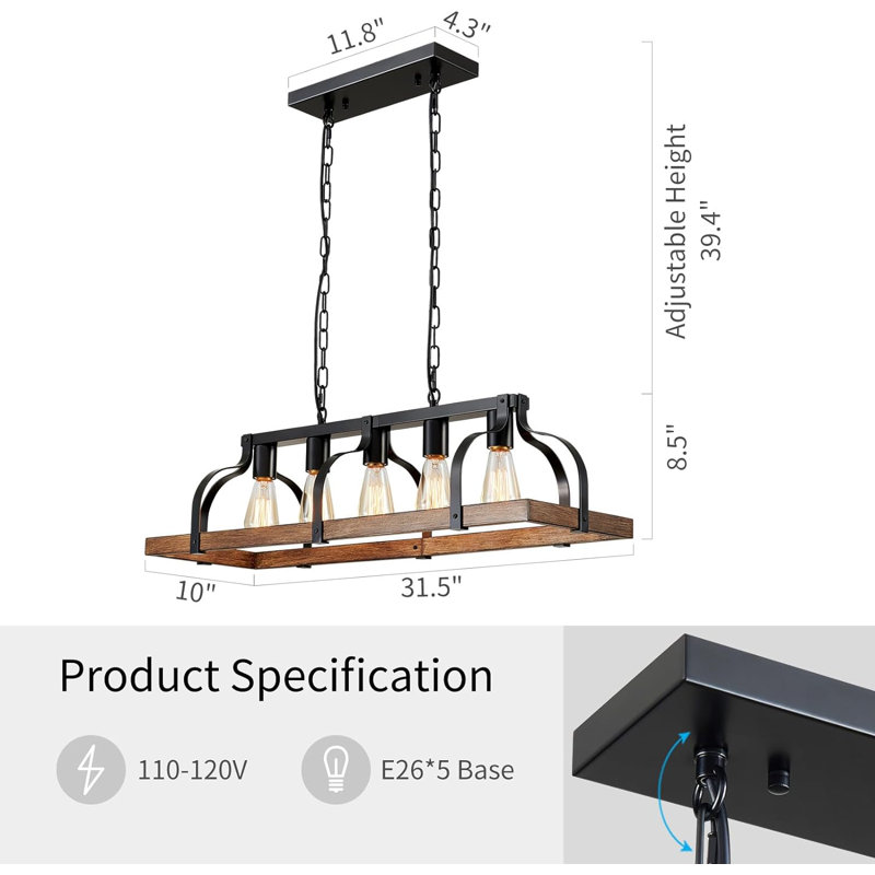 Rustic Black and Wood Grain Linear Pendant Chandelier