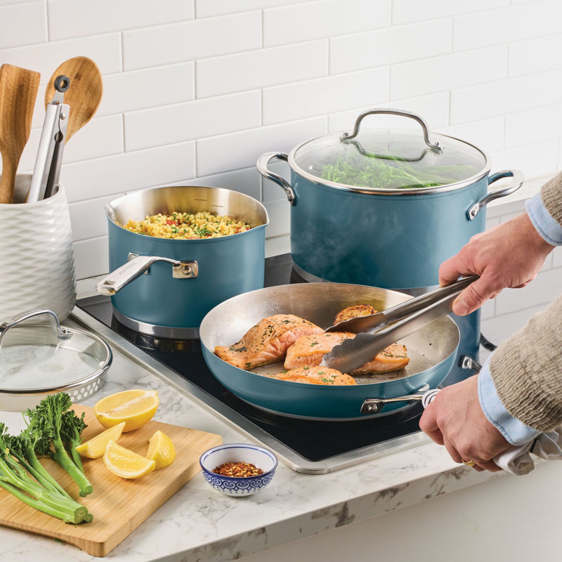 Kitchenaid Color-Finished Stainless Steel 3-Ply Base Cookware Set, 11-Piece, Agave, Blue