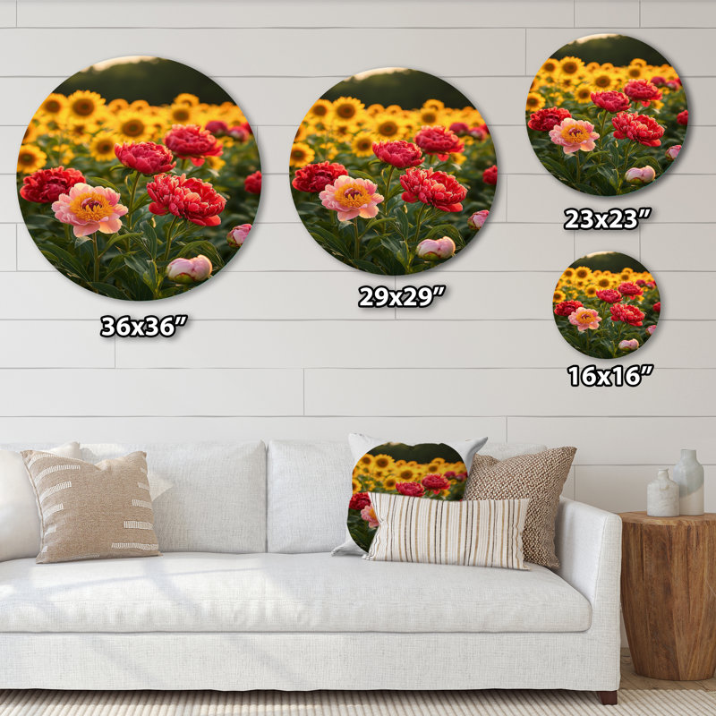 Pressley - pivoines rondes, impression sur métal rouge traditionnel, H 16 po x l 16 po