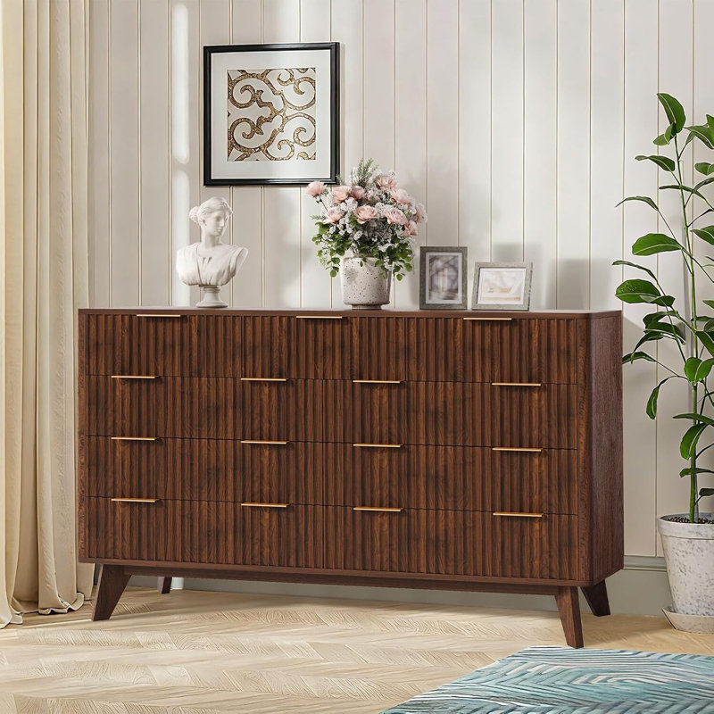 54in Wide 9 Drawer Dresser Wooden Chest of Drawers with Fluted Wave Pattern Metal Handles Modern TV Stand Dresser with Curved Profile Walnut Brown