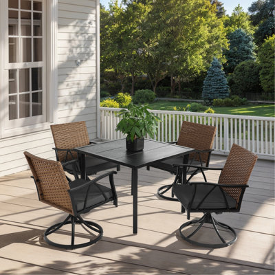 5 Piece Patio Dining Set For 4,Outdoor Wicker Furniture Set For Backyard Garden Deck Poolside With 4 Cushions Swivel Rocker Chairs,Steel Table Top, Removable Cushions