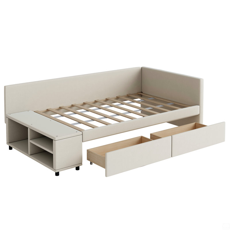 Lit plateforme simple tapissier en forme de L avec rangement et tiroirs, Beige