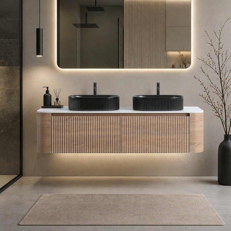 Meuble-lavabo de salle de bain avec lavabo, armoire murale miel avec porte-serviettes gratuit, conception de lavabos en céramique à rayures ovales doubles, sans drain et robinet, pré-assemblé