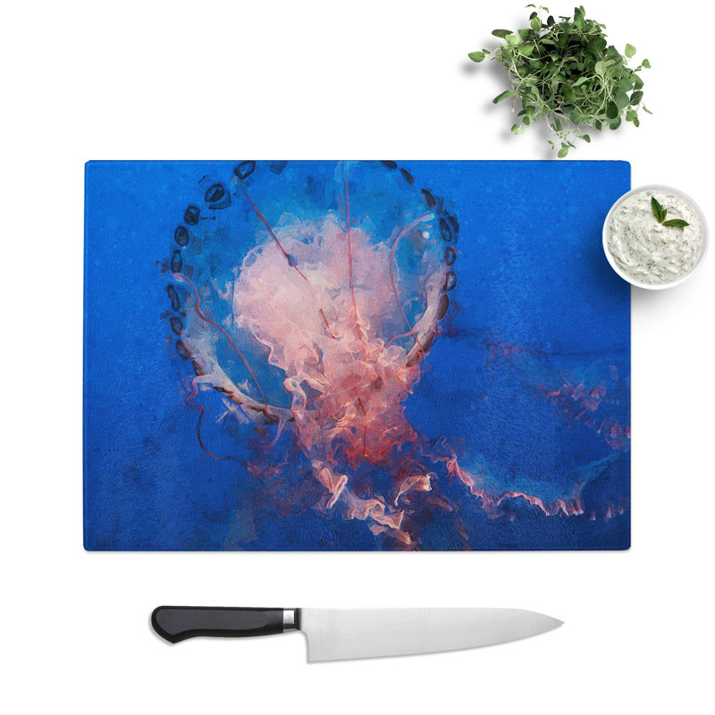 Glass Jellyfish in Pink & Blue in Abstract Chopping Board, 28.5 cm W x 20 cm L