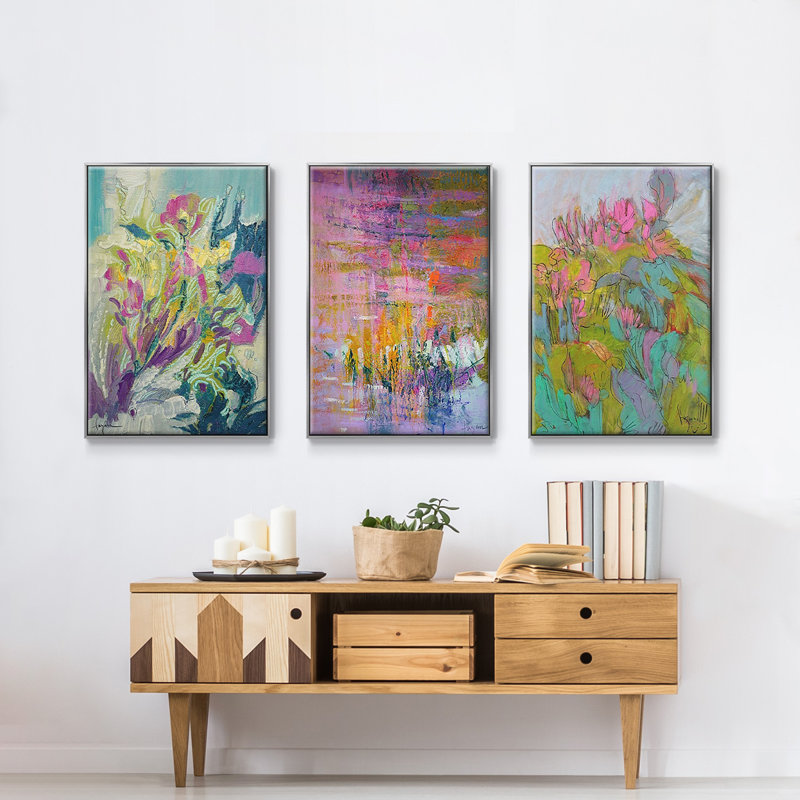 Rise and Bloom - Ensemble de 3 cadres flottants sur toile, H 36 po x l 72 po x P 2 po, Argent