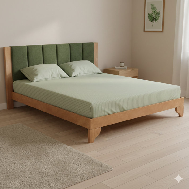 Structure de lit de très grande qualité en bois de pin, avec tête de lit. Design Mid-Century moderne. Couleur: bois naturel avec accents verts.