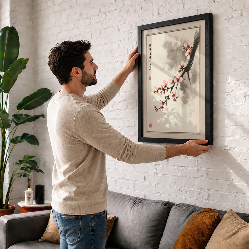 Flowering Branch In Mist Japandi - Print, A1 - 84.1 x 59.4 cm, Black
