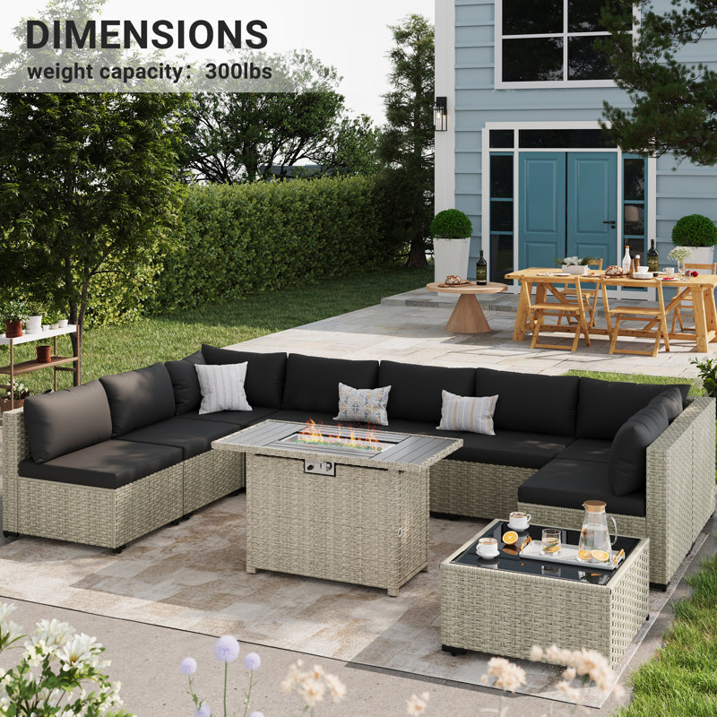 9 Pieces Design-Oriented Rattan Patio Conversation Sets With Fire Pit, Black