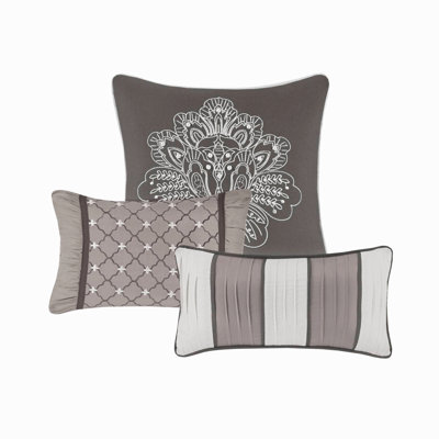 Ensemble de courtepointe matelassée jacquard brodée 6 pièces, gris, pour lit double/queen