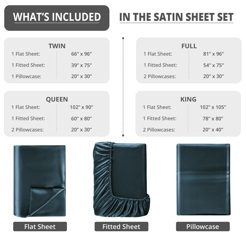 Lux Decor 4-Piece Satin Sheets 100% Polyester Luxury Silky Soft Woven Fabric Deep Pocket Fitted Sheet, Navy Blue