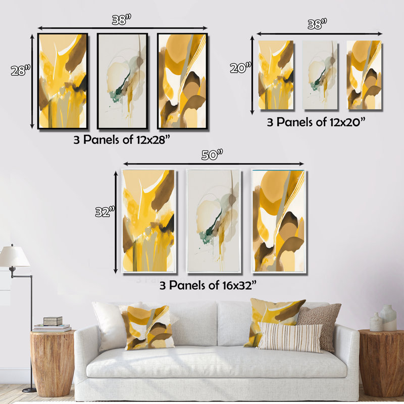 «Mustard Yellow Retro», 3 pièces sur toile, Noir, H 32 po x l 48 po