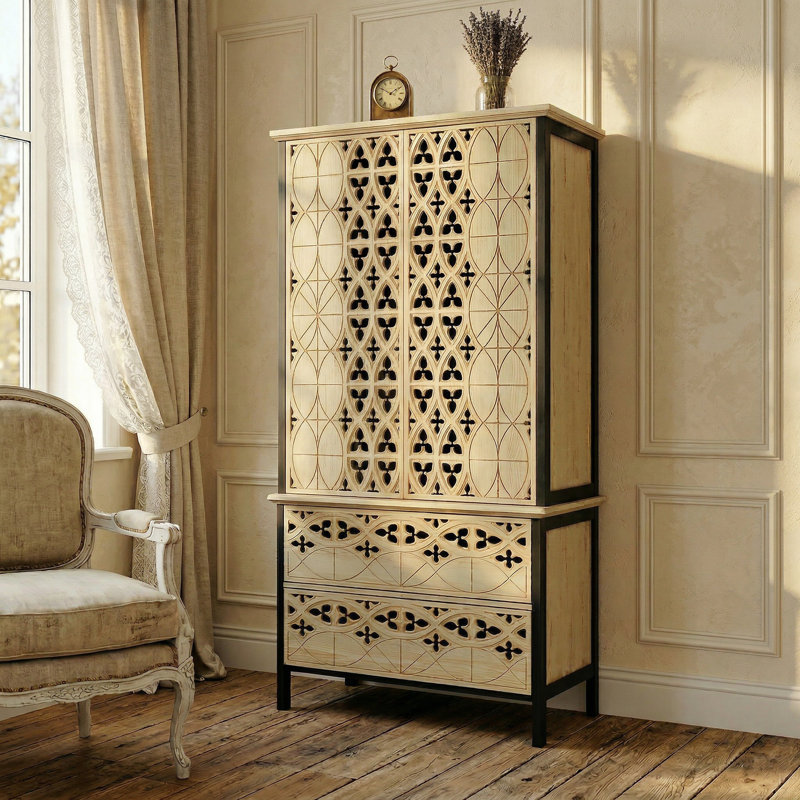 70.9'' Tall China Cabinet With Carved Doors And Drawers, 5 Shelves And 2 Storage Drawers, Black Frame And Natural Wood Finish