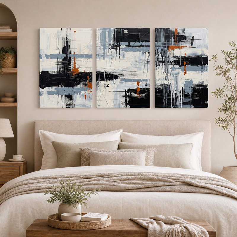 Ensemble de 3 toiles abstraites à coups de pinceau noirs, blancs et orange, 30"H x 20"W x 3pcs