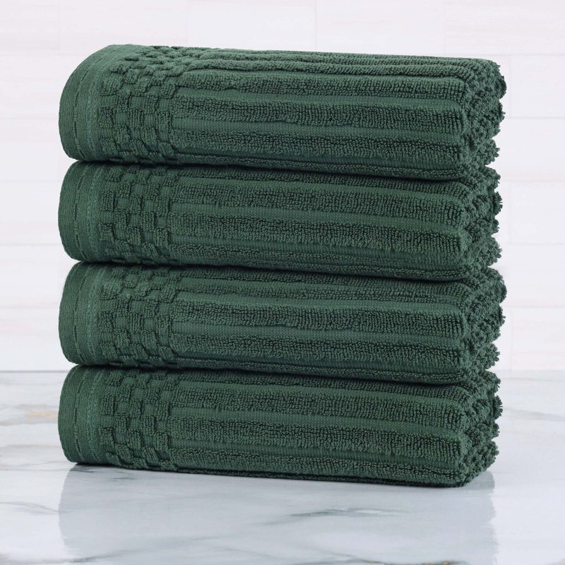 Soho Spa Highly Absorbent Cotton Checkered Border Towel Collection, Hand Towel 4-Pack, Forest Green