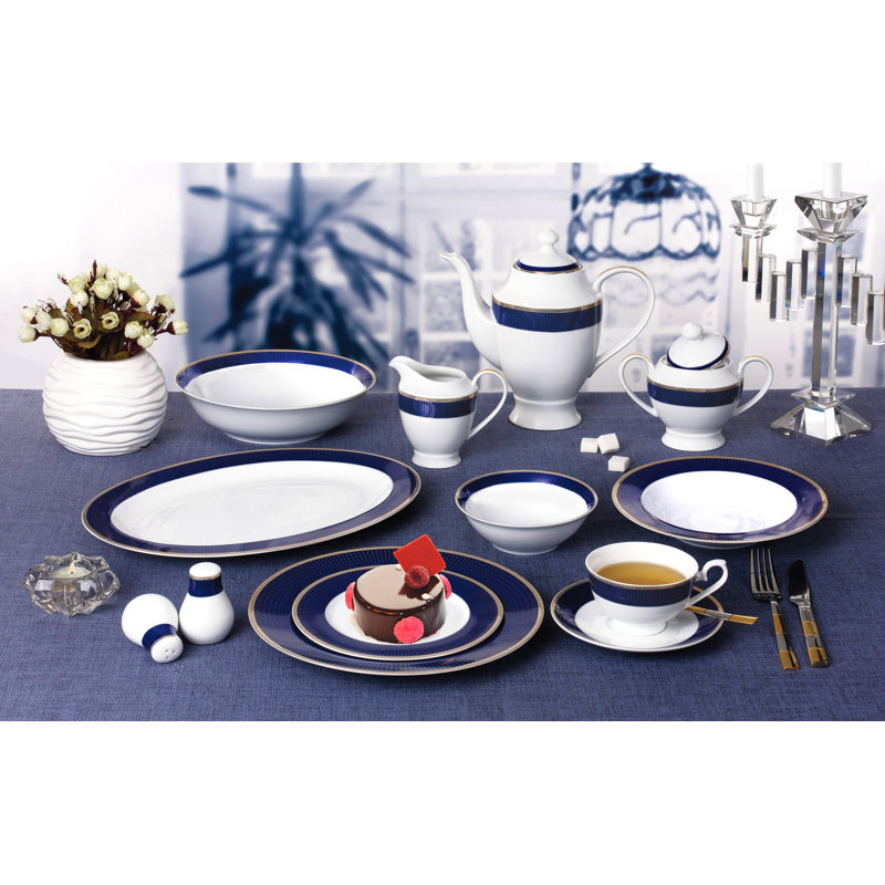 Elegant Blue and White Porcelain Dinnerware Set, Service for 8