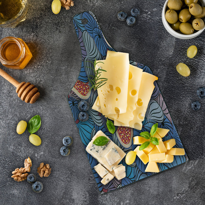 Ambesonne Fruit Tempered Glass Cutting Board Fig Fruits Pattern Spring Blue Purple Grey